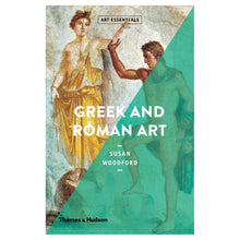 Load image into Gallery viewer, A rectangular book featuring a old and cracked painting of two figures standing on boulders on it's cover. The left figure is wearing a yellow dress over one shoulder, and the right figure is nude besides a cloak around their shoulders. Half of the image is overlayed with a teal stripe. The title reads “Art Essentials - Greek and Roman Art - Susan Woodford"