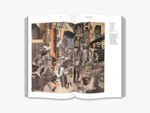 Load image into Gallery viewer, The inside of the book. Both pages feature a double spread of an abstract photo montage of several people outside in an urban environment. Many of the people are playing instruments.