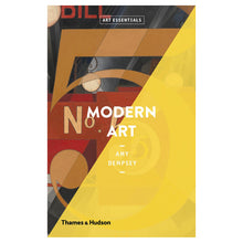 Load image into Gallery viewer, A rectangular book featuring a repeating number 5 in bronze on it's cover. Half of the image is overlayed with a yellow stripe. The title reads “Art Essentials - Modern Art - Amy Dempsey"