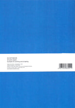 Load image into Gallery viewer, The back of the notebook. It is plain blue in the same colour as the border on the cover, with a white strip of cardboard across the middle reading "A5 Notebook, 32 plain pages, suitable for writing and drawing"