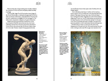 Load image into Gallery viewer, The inside of the book. The left page features a paragraph of black text and a photo of a marble statue throwing a discus. The right page features a paragraph of black text and a roman painting of a figure holding a shield and spear. Both pages are on a white background.