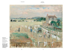Load image into Gallery viewer, The inside of the book. Both pages feature a double-page spread of an impressionistic landscape painting of a farmhouse and the surrounding countryside. In the foreground you can see several people hanging out clean laundry in a fenced off yard. On the left of the image is a short description in black text.