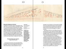 Load image into Gallery viewer, The inside of the book. Both pages feature a double spread of a sketch of a carved building facade at the top. It shows several human figures and horses in what appears to be a mythological scene. Under the image on both pages is paragraphs of black text.