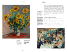 Load image into Gallery viewer, The inside of the book. The left page features an impressionistic painting of sunflowers in a vase with a short description in black text underneath. On the right page is a paragraph of black text followed by a painting of a group of young people drinking wine at a garden party. Both pages have a white background.