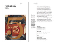 Load image into Gallery viewer, The inside of the book. The left page features the title "Precisionism" and a painting of the repeating number 5 below it. The right page has several paragraphs of black text. Both pages have white backgrounds.