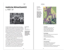 Load image into Gallery viewer, The inside of the book. The left page features the title "The Harlem Renaissance" and a black and white photo of two figures standing next to a car, followed by several paragraphs of black text. The right page features an image of a purple figure blowing a hunting horn on a geometric background, followed by several paragraphs of black text. Both images are on white backgrounds.