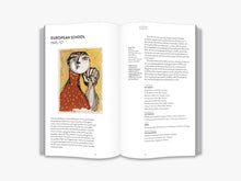 Load image into Gallery viewer, The inside of the book. The left page features the title “European School 1945-57” and an abstract painting of a human face. Below it is a paragraph of black text. The right page features black text. Both pages are on a white background.

