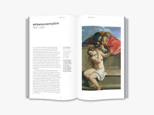 Load image into Gallery viewer, The inside of the book. The left page features the title &quot;Artemisia Gentileschi&quot; followed by several paragraphs of black text. The right page features a classical painting showing two bearded figures leaning over an uncomfortable woman on the edge of a bath.
