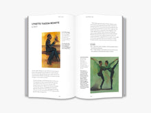 Load image into Gallery viewer, The inside of the book. The left page features the title &quot;Lynette Yiadom-Boakye&quot; followed by a yellow-tinted painting of a figure holding a bird, and a paragraph of black text. The right page contains a paragraph of black text followed by a green-toned painting of two figures dancing together. The background of both pages is white.

