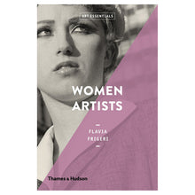 Load image into Gallery viewer, A rectangular book featuring a close-up black and white photo of a person with light skin and short light hair looking upwards. Half of the image is overlayed with a lilac stripe. The title reads “Art Essentials - Woman Artists - Flavia Frigeri&quot;
