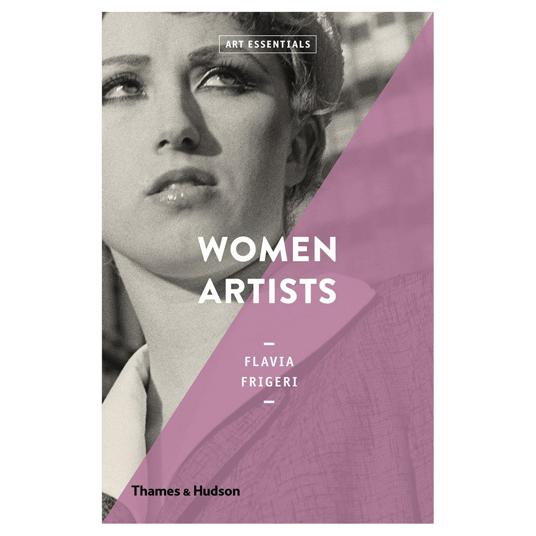 A rectangular book featuring a close-up black and white photo of a person with light skin and short light hair looking upwards. Half of the image is overlayed with a lilac stripe. The title reads “Art Essentials - Woman Artists - Flavia Frigeri