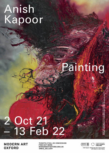 The Anish Kapoor exhibition poster, featuring white text laid over a photo of a striking red and black painting. The text reads 