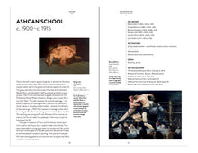 Load image into Gallery viewer, The inside of the book. The left page features the title &quot;Ashcan School 1900-1915&quot; followed by a painting of two figures wrestling, with a paragraph of black text beneath it. The right page features black text followed by another painting of two figures fighting inside a wrestling ring. Both pages are on a white background.
