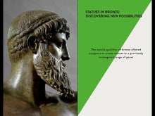 Load image into Gallery viewer, The inside of the book. The left page features a close up photo of the face of a bronze statue facing right, the right page reads “Statues in bronze: Discovering new possibilities” followed by a paragraph of text in the centre of the page, on a split green and white background.
