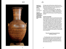 Load image into Gallery viewer, The inside of the book. The left page features a large photo of a decorative vase painted with geometric patterns and small human figures. The right page shows paragraphs of black text. Both pages are on a white background.
