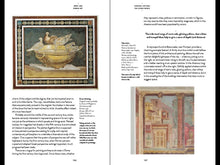 Load image into Gallery viewer, The inside of the book. The left page features a painting of doves drinking from a water bowl above a paragraph of black text. The right page features a paragraph of black text followed by a close up of a painting, showing a variety of buildings in Greco-Roman style.

